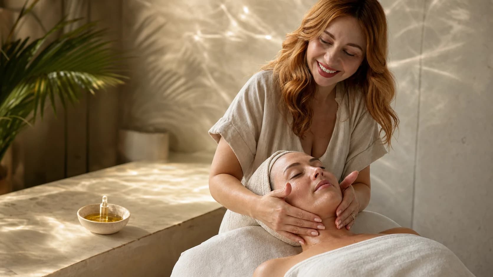 A warm facial ritual with botanical skincare in desert light