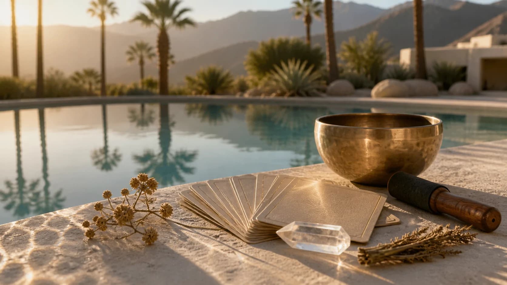Sound bowls and reflective ritual tools beside a desert pool