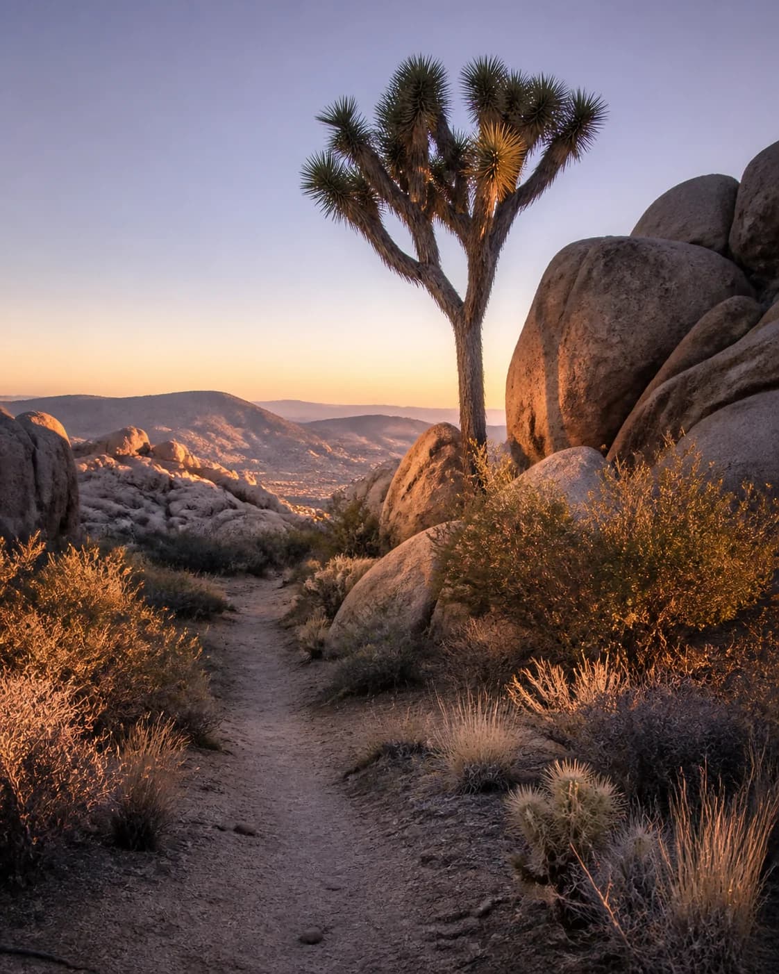 A path winding through Joshua trees and sunlit high-desert boulders