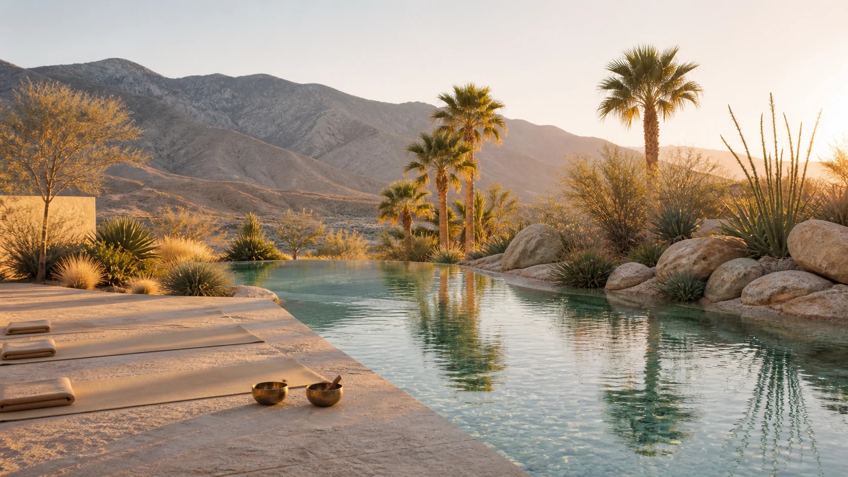 A quiet desert pool set for movement and sound beneath the mountains and palms