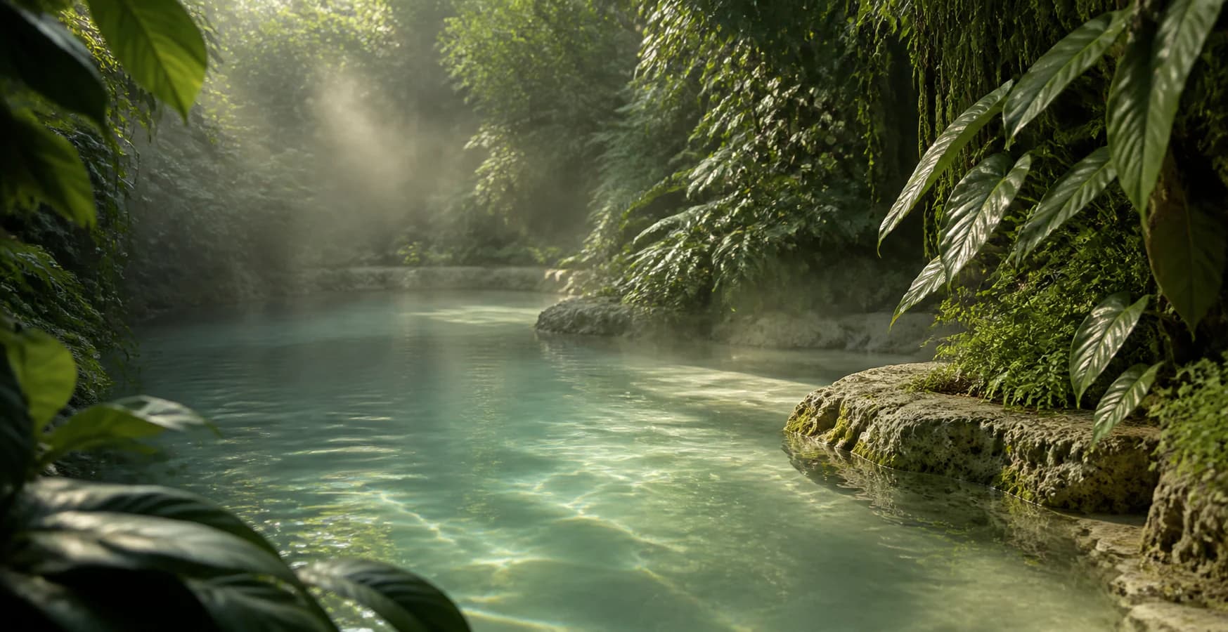 A tranquil mineral pool surrounded by lush green plants and luminous morning mist