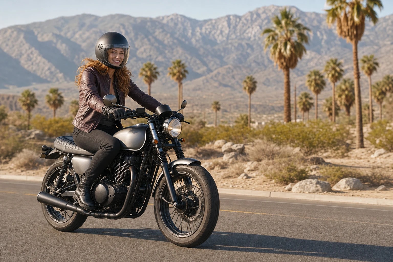 Editorial concept of a helmeted red-haired motorcycle rider on a Palm Springs desert road