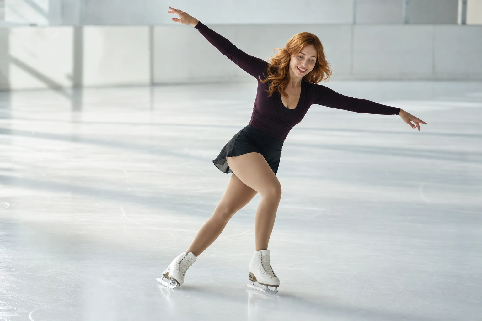 Editorial concept of a red-haired figure skater gliding across a bright indoor ice rink