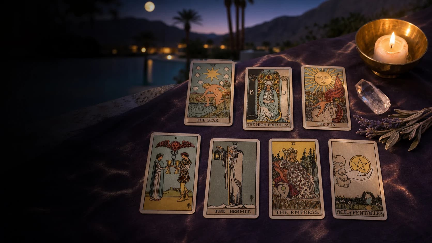 A seven-card Rider-Waite-Smith tarot spread beside candlelight, quartz, desert sage, and a Palm Springs pool